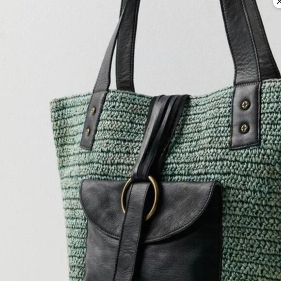 Free People En Riva Raffia + Leather Hand Crafted Tote Bag Moss Green - Picture 3 of 4